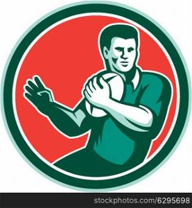 Illustration of a rugby player holding ball with hand out set inside circle on isolated background done in retro style.. Rugby Player Ball Hand Out Circle Retro