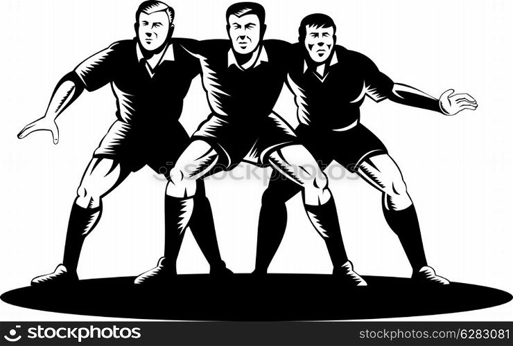 illustration of a rugby player in a scruml on isolated background done in retro woodcut style. rugby player forward pack in a scrum