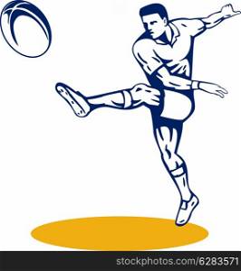 illustration of a rugby player kicking ball front view isolated background done in retro style. rugby player with ball kicking ball
