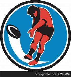 Illustration of a rugby player kicking ball front view set inside circle on isolated background done in retro style.. Rugby Player Kicking Ball Circle Retro