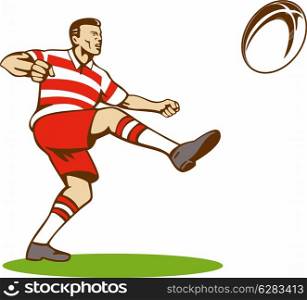 illustration of a rugby player kicking ball front view with sunburst in background done in retro style. rugby player with ball kicking ball