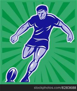 illustration of a rugby player kicking ball front view with sunburst in background done in retro style. rugby player with ball kicking ball