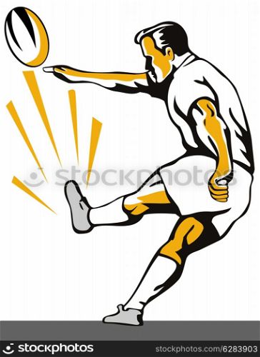 Illustration of a rugby player kicking ball front view with sunburst in background done in retro style