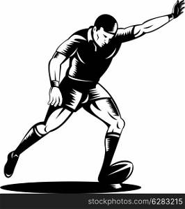 illustration of a rugby player kicking the ball on isolated background done in retro woodcut style. rugby player kicking the ball