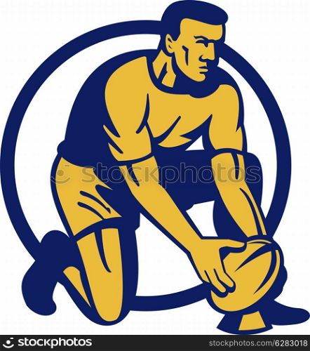 illustration of a Rugby player kneeling preparing a goal kick isolated on white. Rugby player kneeling preparing a goal kick