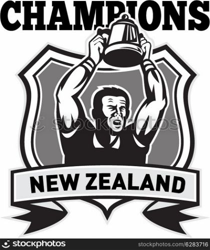 illustration of a rugby player raising Championship cup set inside shield with words champions New Zealand on isolated white background&#xA;