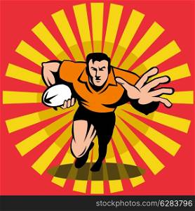 illustration of a rugby player running fending attacking with the ball done in retro woodcut style. rugby player running fending attacking with the ball