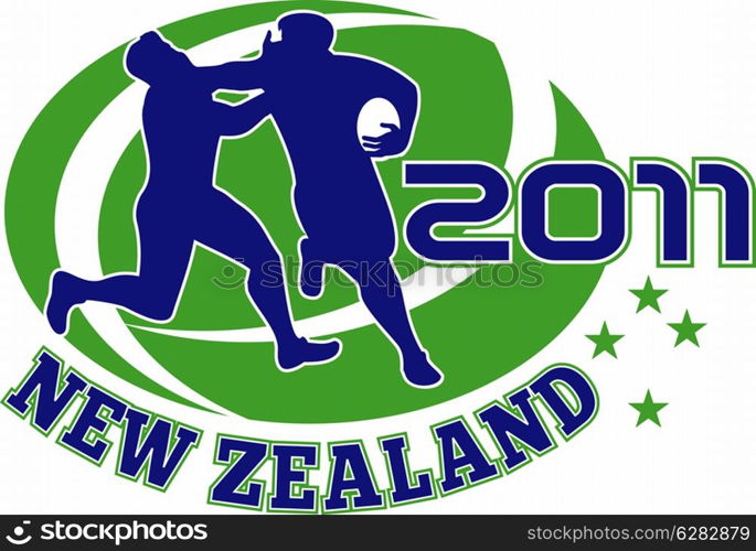 "illustration of a Rugby player running fending off tackle with ball shape in background and words "new zealand 2011""