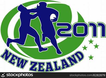 "illustration of a Rugby player running fending off tackle with ball shape in background and words "new zealand 2011""