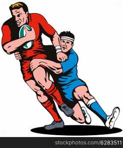 illustration of a rugby player running passing the ball being tackled on isolated background . rugby player running tackled