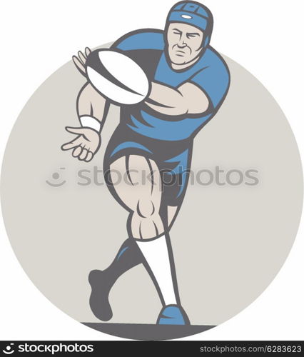 Illustration of a rugby player running passing the ball facing front done in cartoon style on isolated background.. Rugby Player Running Ball Isolated Cartoon