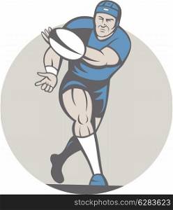Illustration of a rugby player running passing the ball facing front done in cartoon style on isolated background.. Rugby Player Running Ball Isolated Cartoon