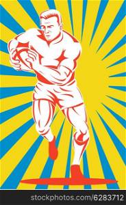 illustration of a rugby player running passing the ball on isolated background done in retro woodcut style. rugby player running with the ball