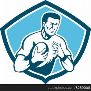 Illustration of a rugby player running passing the ball set inside shield crest done in cartoon style on isolated background.. Rugby Player Running Ball Shield Cartoon