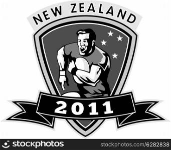 illustration of a rugby player running with ball inside shield with words new zealand 2011. new zealand rugby player 2011