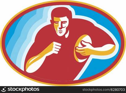 Illustration of a rugby player running with ball set inside ellipse done in retro style.. Rugby Player Running With Ball