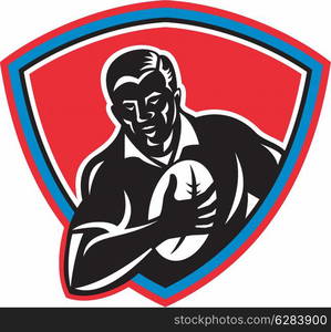 illustration of a Rugby player running with ball viewed fromfront set inside shield done in retro style . Rugby player running with ball front shield