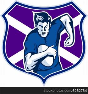 illustration of a rugby player running with ball with flag and shield of scotland. rugby player flag and shield of scotland