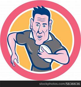 Illustration of a rugby player running with the ball charging viewed from front done in cartoon style on isolated background.. Rugby Player Running Charging Circle Cartoon