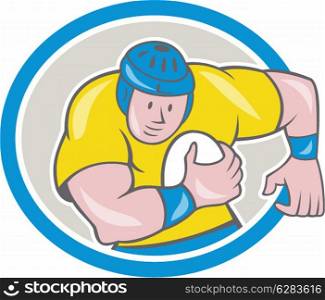Illustration of a rugby player running with the ball charging viewed from front set inside circle done in cartoon style on isolated background.. Rugby Player Running Charging Circle Cartoon