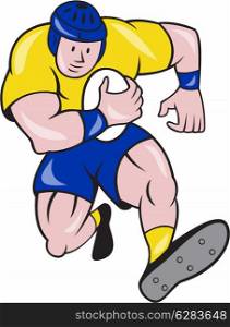 Illustration of a rugby player running with the ball charging viewed from front done in cartoon style on isolated background.. Rugby Player Running Charging Cartoon