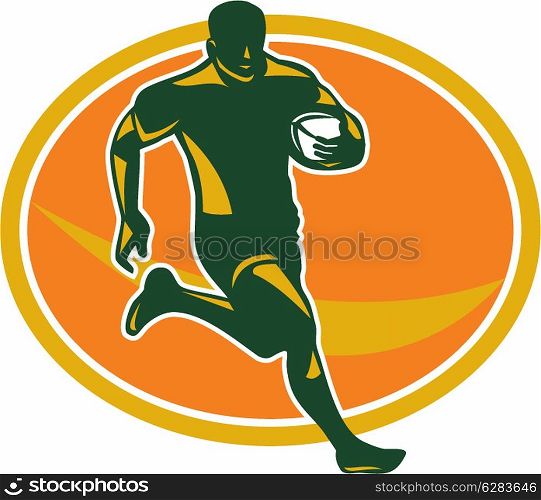 Illustration of a rugby player running with the ball in silhouette viewed from front set inside oval shape done in retro style.. Rugby Player Running Ball Silhouette