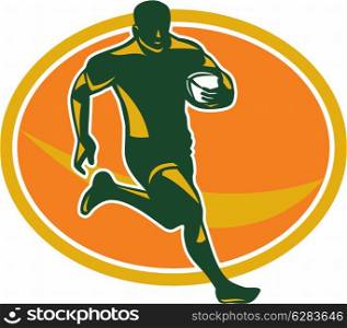 Illustration of a rugby player running with the ball in silhouette viewed from front set inside oval shape done in retro style.. Rugby Player Running Ball Silhouette