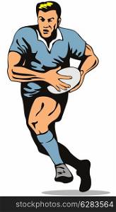 illustration of a rugby player running with the ball on isolated background retro. rugby player running with the ball