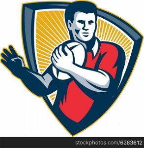 Illustration of a rugby player running with the ball set inside crest shield done in retro style.. Rugby Player Running Ball Shield Retro