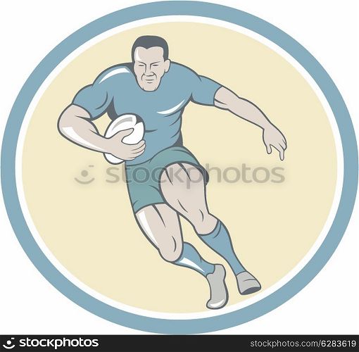 Illustration of a rugby player running with the ball viewed from front set inside circle done in cartoon style.. Rugby Player Running Ball Circle Cartoon