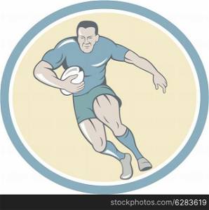 Illustration of a rugby player running with the ball viewed from front set inside circle done in cartoon style.. Rugby Player Running Ball Circle Cartoon