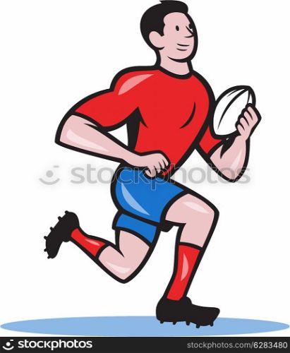 Illustration of a rugby player running with the ball viewed from side done in cartoon style.. Rugby Player Running Ball Cartoon