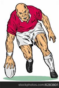 illustration of a rugby player scoring a try on isolated background retro style. rugby player running scoring a try