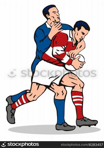 illustration of a rugby player tackling from the side on isolated background done in retro style. . Rugby Player Tackling