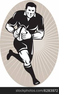 illustration of a Rugby player wearing all black running with ball viewed from front set inside ellipse with sunburst. Rugby player with ball wearing all black