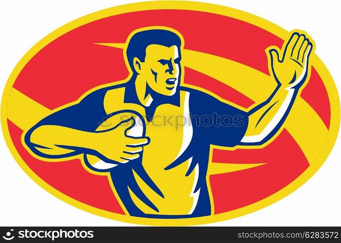 Illustration of a rugby player with ball ball fending done in retro style set inside ellipse.. Rugby Player Running Fending Ball Retro