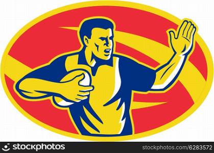 Illustration of a rugby player with ball ball fending done in retro style set inside ellipse.. Rugby Player Running Fending Ball Retro