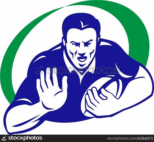 illustration of a rugby player with ball fending off isolated on white background done in retro style. rugby player with ball fending off