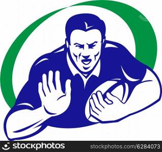 illustration of a rugby player with ball fending off isolated on white background done in retro style. rugby player with ball fending off