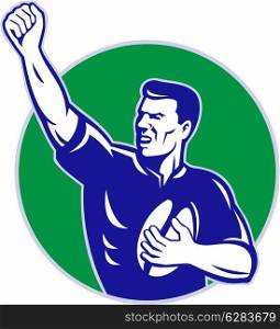 illustration of a rugby player with ball pumping fist set inside circle isolated on white background done in retro style. rugby player with ball pumping fist