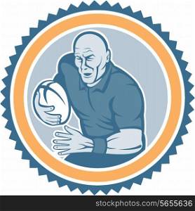 Illustration of a rugby player with ball running charging set inside rosette done in cartoon style on isolated background.. Rugby Player Running Ball Rosette Cartoon