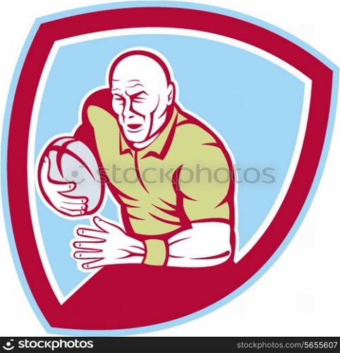 Illustration of a rugby player with ball running charging set inside shield crest done in cartoon style on isolated background.. Rugby Player Running Charging Shield Cartoon