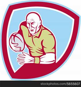 Illustration of a rugby player with ball running charging set inside shield crest done in cartoon style on isolated background.. Rugby Player Running Charging Shield Cartoon