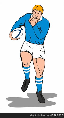 illustration of a rugby player with ball running on isolated background done in retro style. . Rugby Winger Running