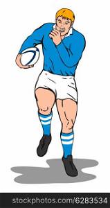 illustration of a rugby player with ball running on isolated background done in retro style. . Rugby Winger Running
