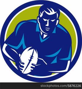 Illustration of a rugby player with ball running passing viewed from front set inside circle on isolated background done in retro style.. Rugby Player Running Passing Ball Circle Retro