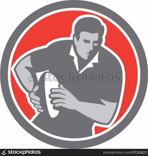 Illustration of a rugby player with ball running set inside circle on isolated background done in retro style.. Rugby Player Running Ball Circle Retro