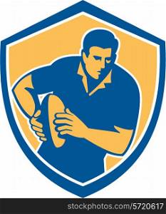 Illustration of a rugby player with ball running set inside shield crest on isolated background done in retro style.. Rugby Player Running Ball Shield Retro