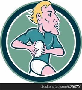 Illustration of a rugby player with ball running viewed from side set inside circle on isolated background done in cartoon style.. Rugby Player Running Ball Circle Cartoon