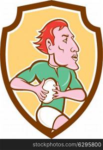 Illustration of a rugby player with ball running viewed from side set inside shield crest on isolated background done in cartoon style.. Rugby Player Running Ball Shield Cartoon